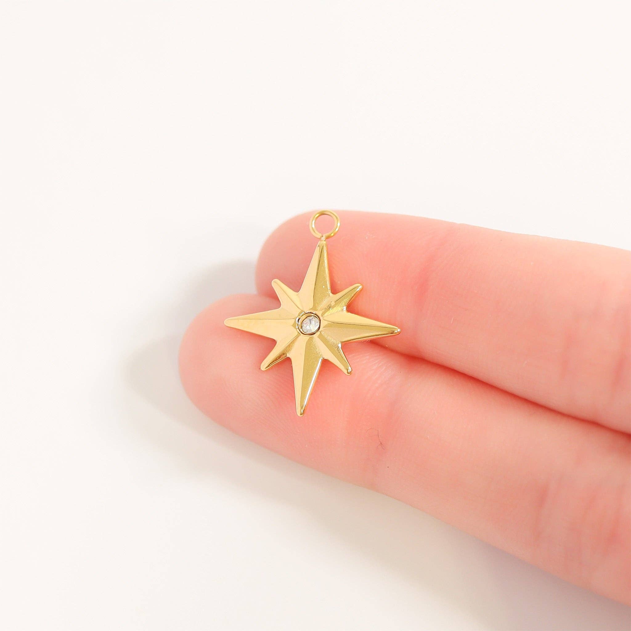 18K Gold PVD Stainless Steel CZ Compass Star Charm