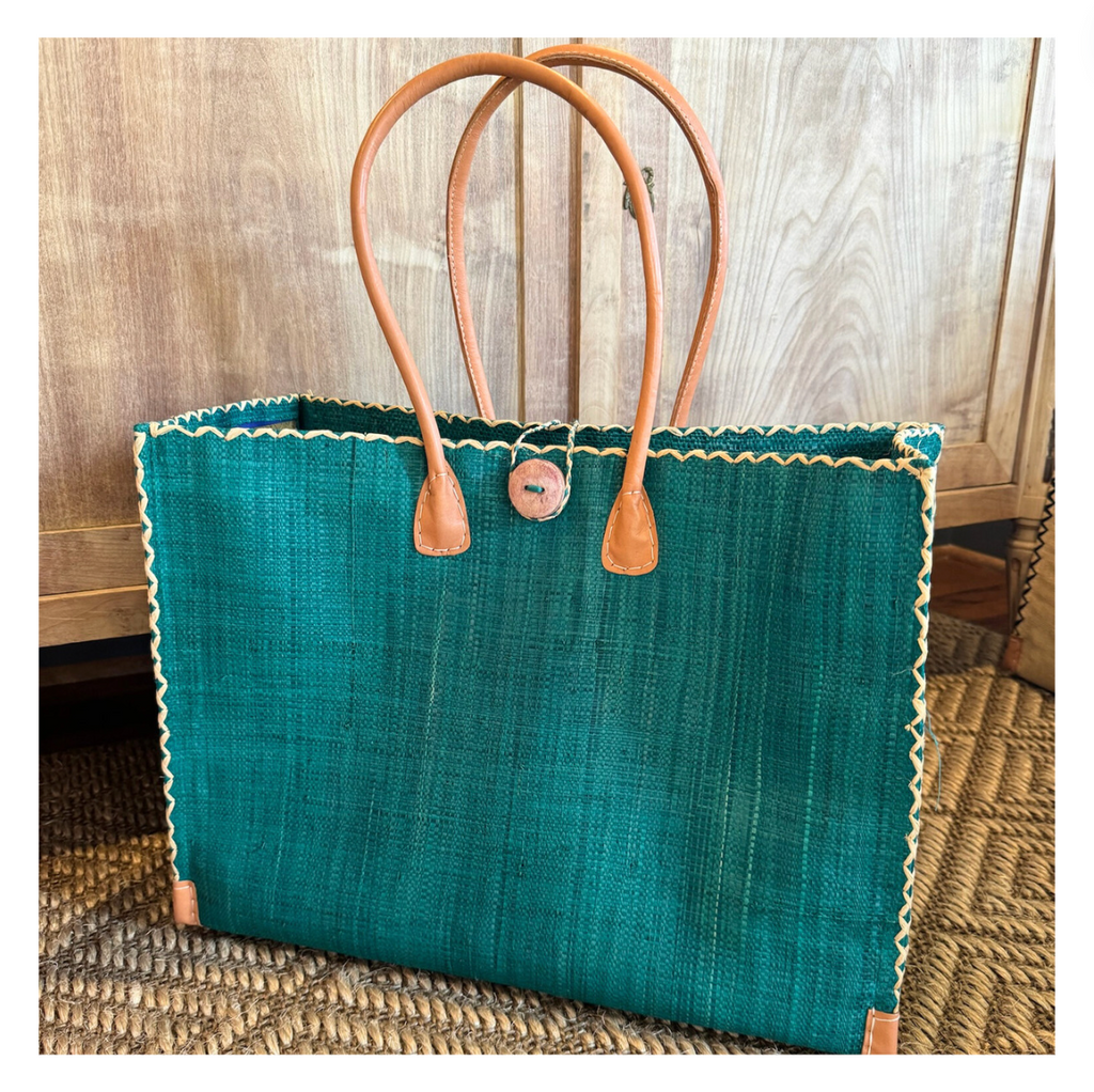 Zafran Turquoise Solid Straw Beach Bag with Plastic Liner - 2 Sizes
