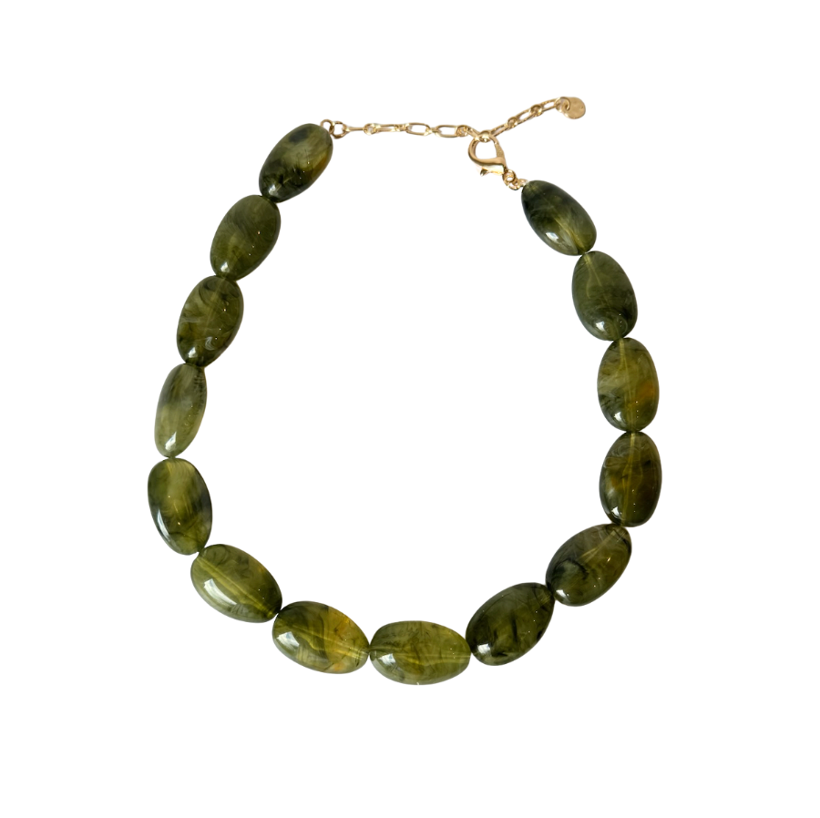 Chunky Marbled Resin Pebble Necklace (Olive)
