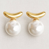 Curved Bar and Faux Pearl Stud Earrings