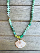 Green Beaded Necklace with Shell Charm