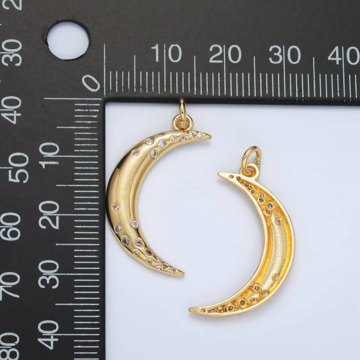 24K Gold Filled Clear CZ Dotted Celestial Crescent Moon Charm