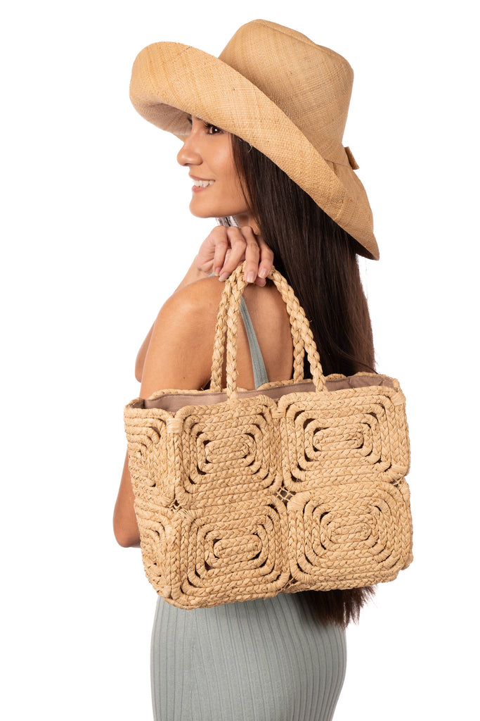 Gemma Crochet Disc Rectangle Straw Basket Handbag