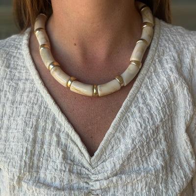 Marble Tube Bead & Metal Ring Necklace in Ivory