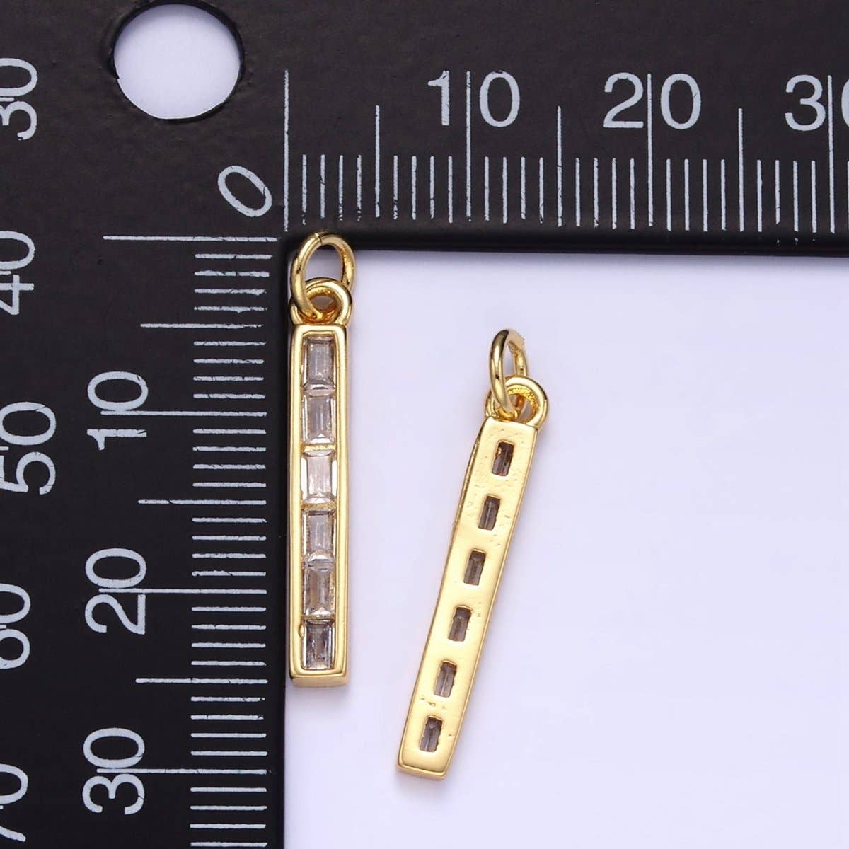 24K Gold Filled 25mm Clear Baguette CZ Linear Bar Charm | E348