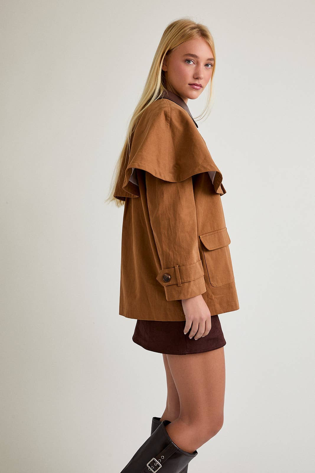 Cape Jacket with Contrast Collar and Front Pocket