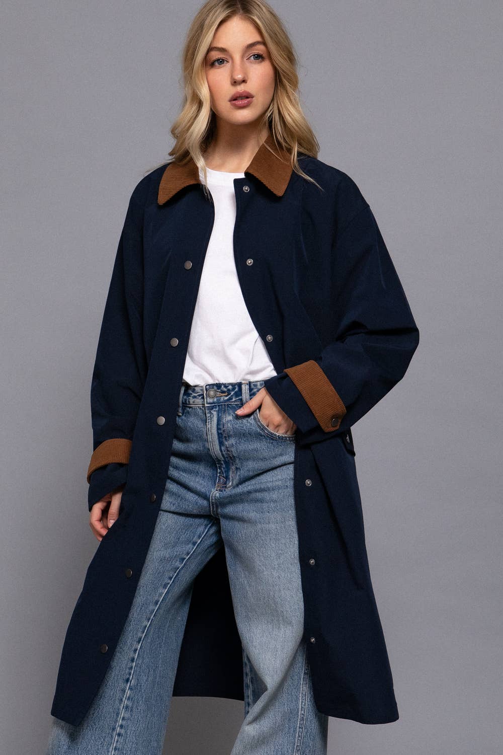 Long Sleeve Contrast Collar Button Down Long Trench Coat