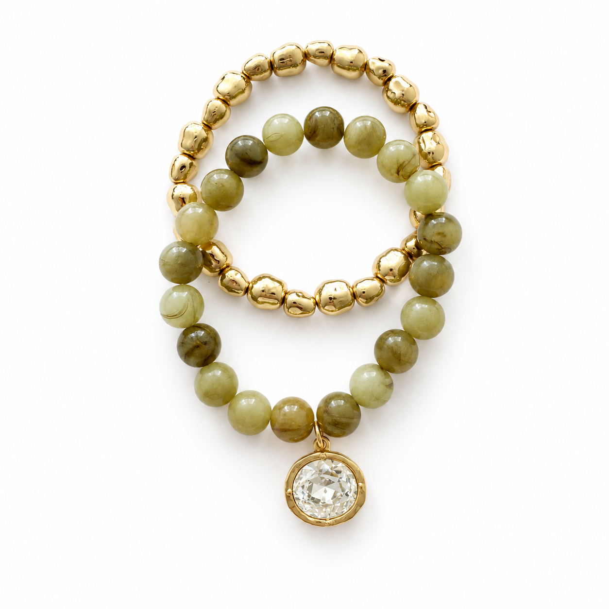 Marbled Bead Stretch Bracelet with Coin Charm and Organic Gold Bracelet Set