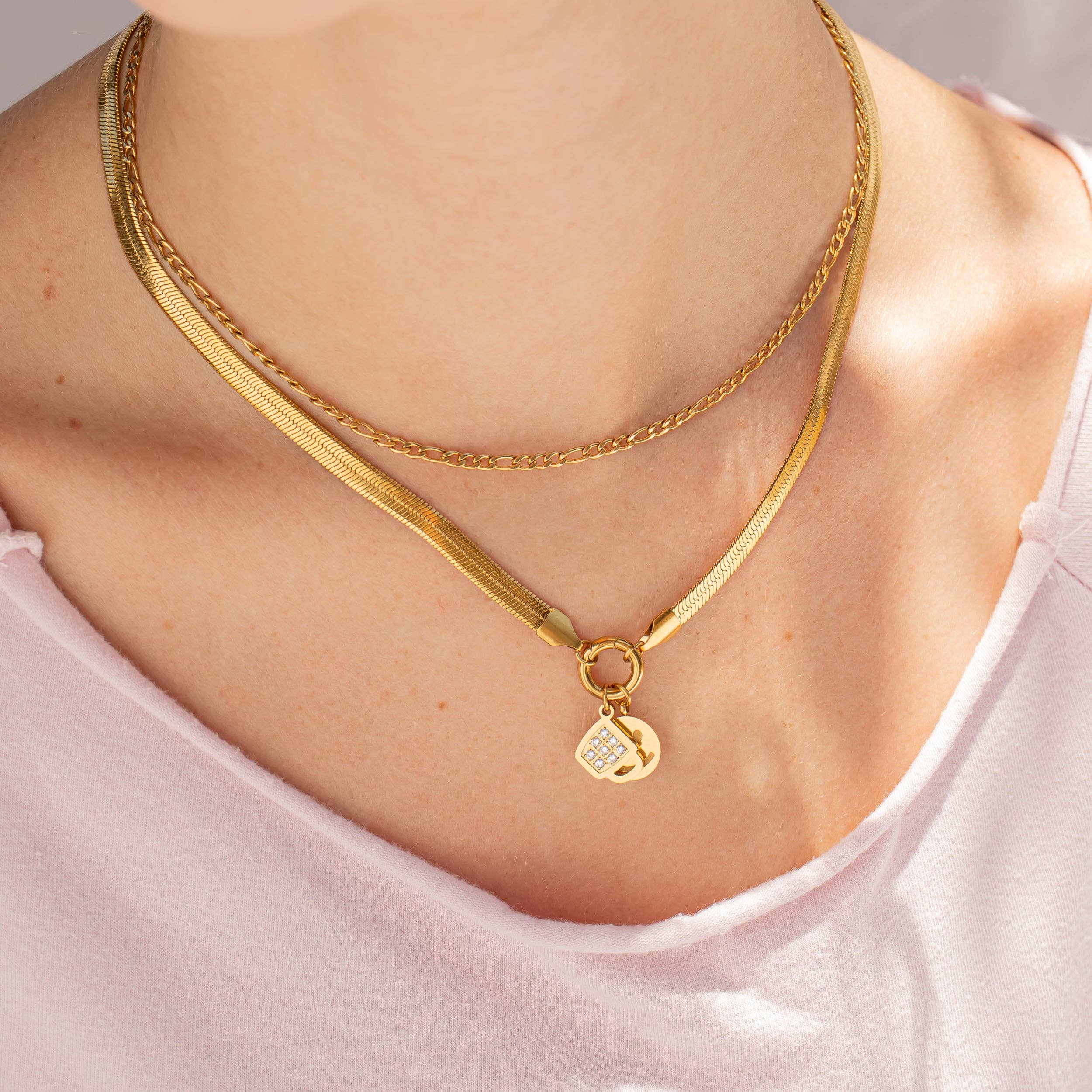 18K Gold Herringbone Charm Necklace