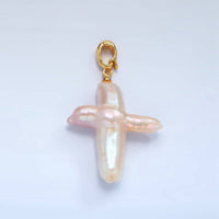 24K Gold Filled White Freshwater Pearl Religious Cross Pendant