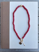 Red Beaded Charm Necklace with Gold Charms
