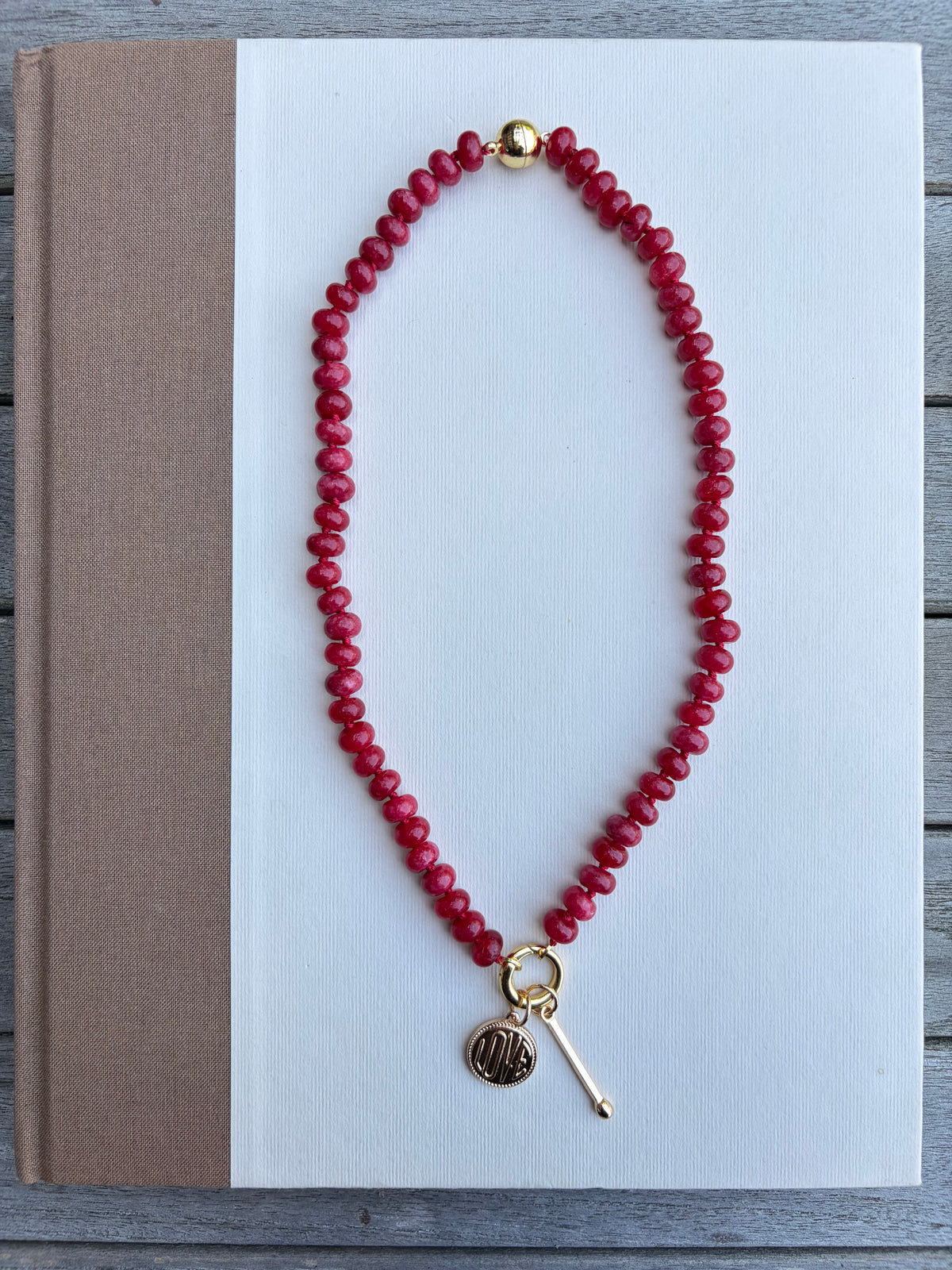 Red Beaded Charm Necklace with Gold Charms