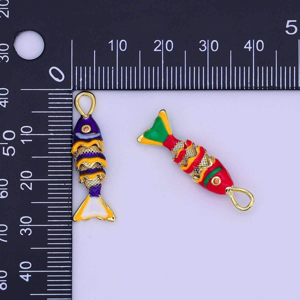24K Gold Filled Red, Blue Enamel Fish 3D Multidimensional Charm