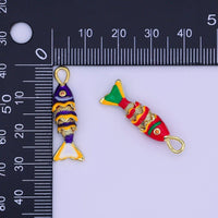 24K Gold Filled Red, Blue Enamel Fish 3D Multidimensional Charm