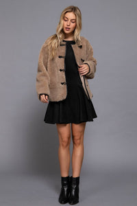 Long Sleeve Crew Neck with Toggle Look Button Fluffy Jacket