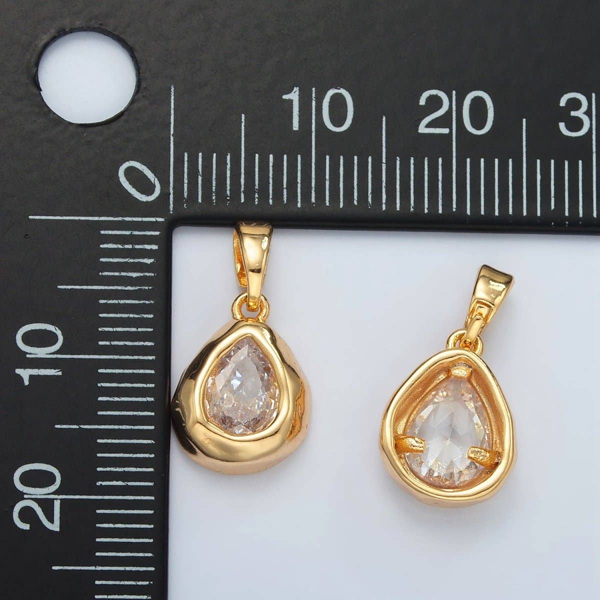 24K Gold Filled Clear CZ Teardrop Hammered Bezel Pendant