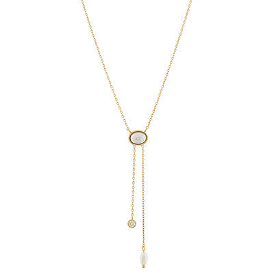 Oval Pearl Y Shape Necklace in Gold
