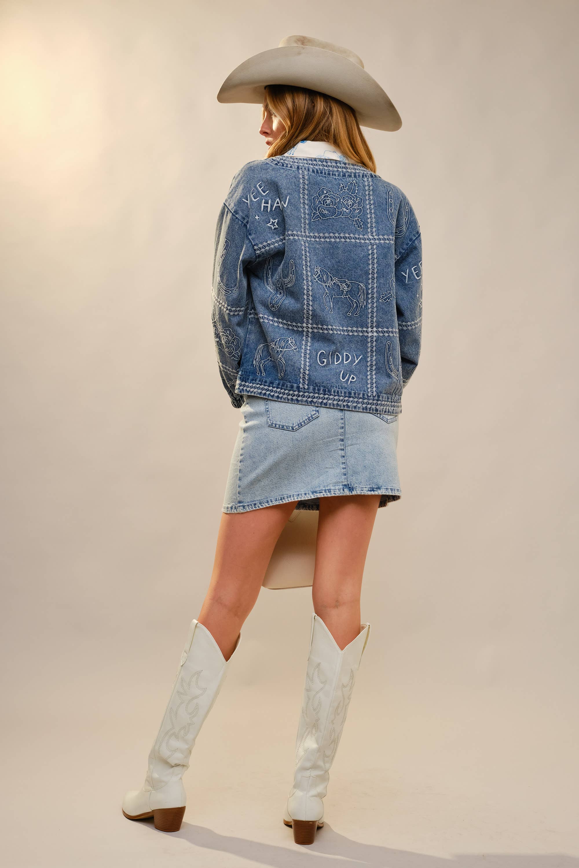 Western Embroidery Puff Sleeve Denim Jacket