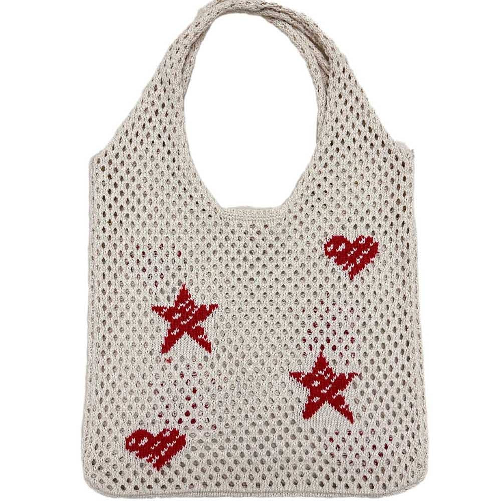 Star Print Hollow Knit Tote Bag