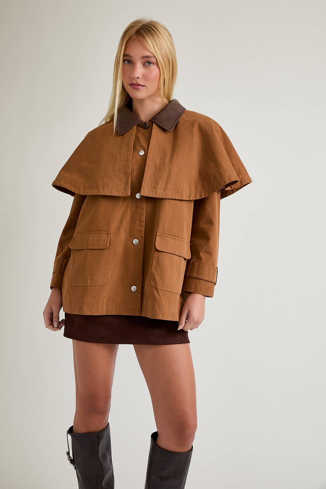 Cape Jacket with Contrast Collar and Front Pocket