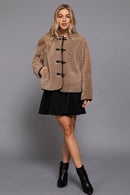 Long Sleeve Crew Neck with Toggle Look Button Fluffy Jacket
