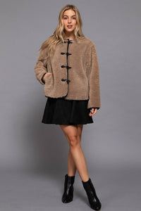 Long Sleeve Crew Neck with Toggle Look Button Fluffy Jacket