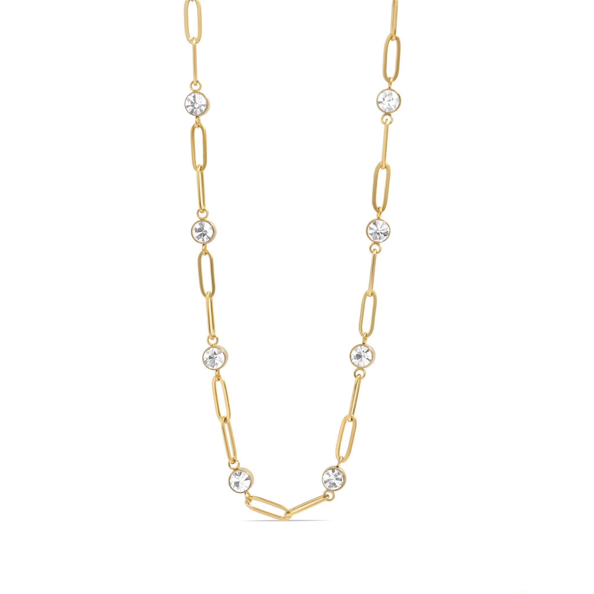18K Gold PVD Steel Station Stone Paperclip Chain Necklace