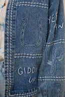 Western Embroidery Puff Sleeve Denim Jacket
