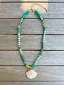 Green Beaded Necklace with Shell Charm