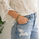 Marbled Bead Stretch Bracelet with Coin Charm and Organic Gold Bracelet Set