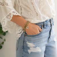Marbled Bead Stretch Bracelet with Coin Charm and Organic Gold Bracelet Set