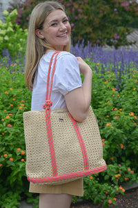 Straw Handbag with Pink Cord Strap