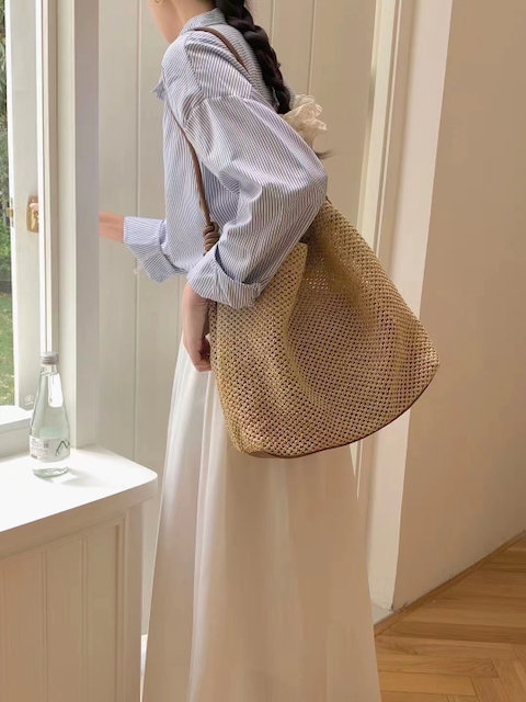Faux Leather Strap Straw Tote Shoulder Bag