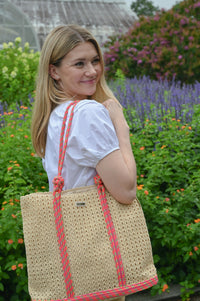 Straw Handbag with Pink Cord Strap