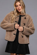 Long Sleeve Crew Neck with Toggle Look Button Fluffy Jacket
