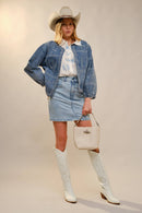 Western Embroidery Puff Sleeve Denim Jacket
