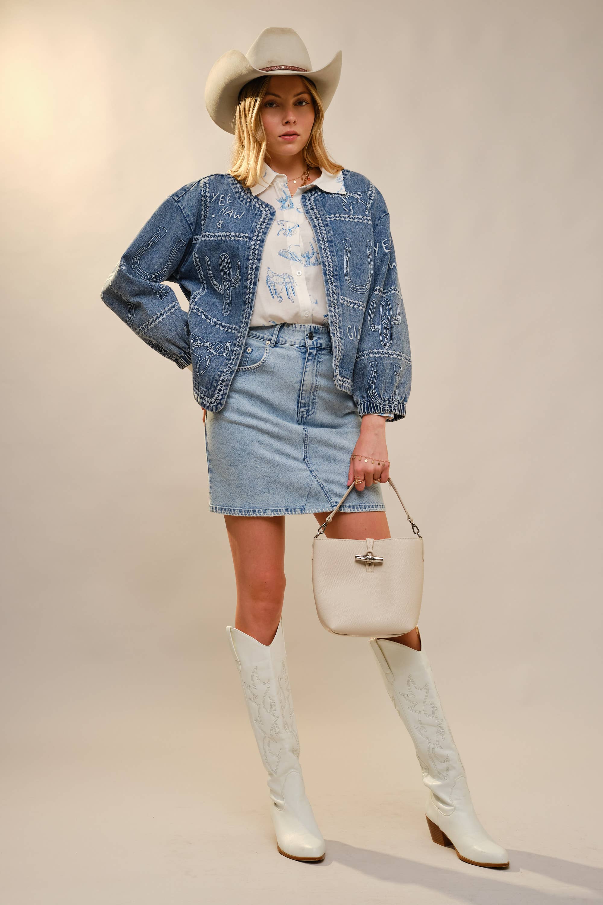 Western Embroidery Puff Sleeve Denim Jacket