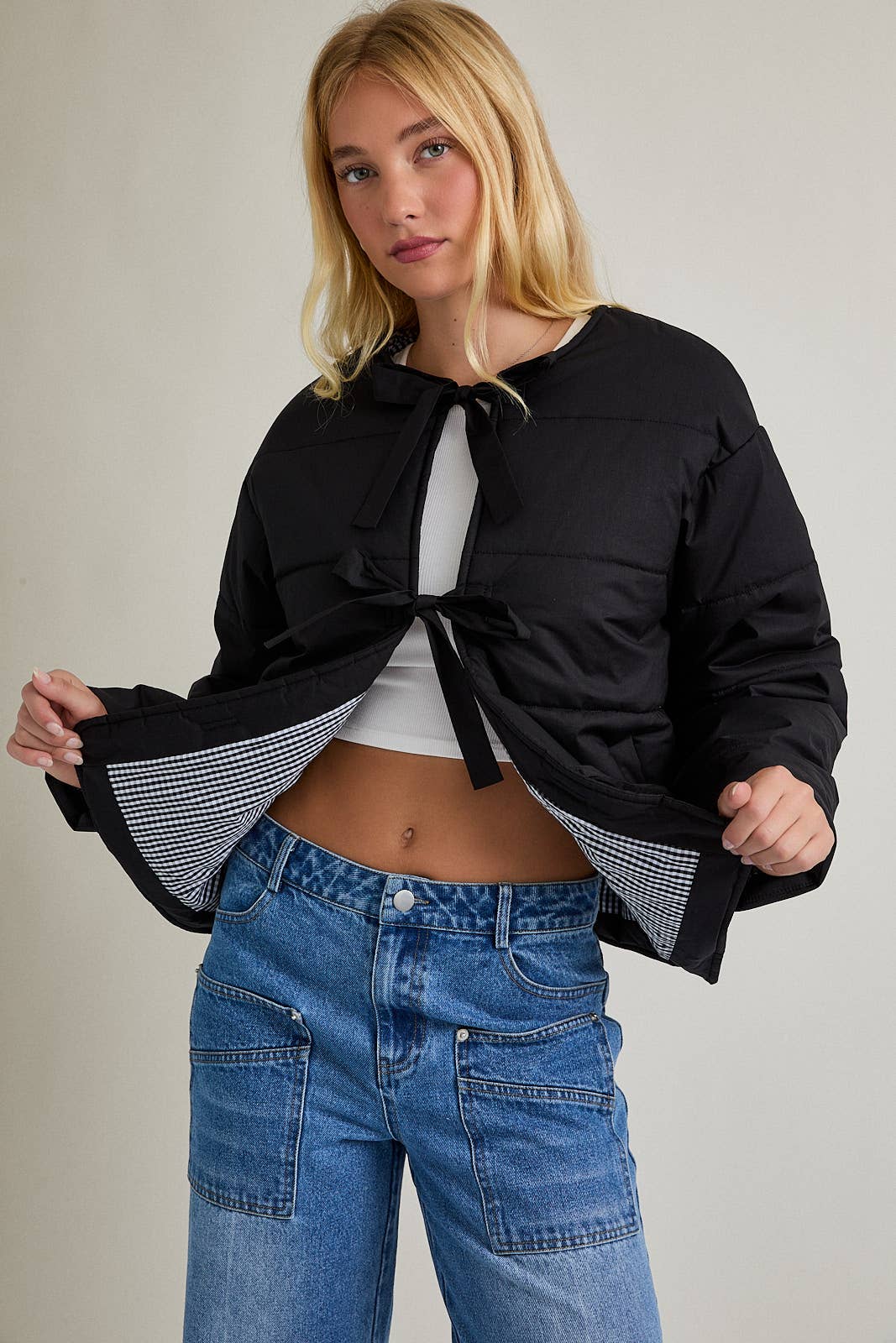 Puffer Jacket with Ribbon Tie on the Front