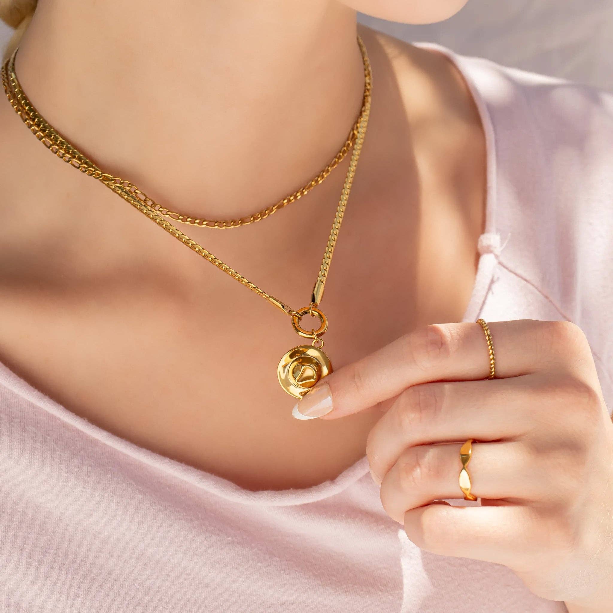 18K Gold Stainless Steel Curb Charm Necklace