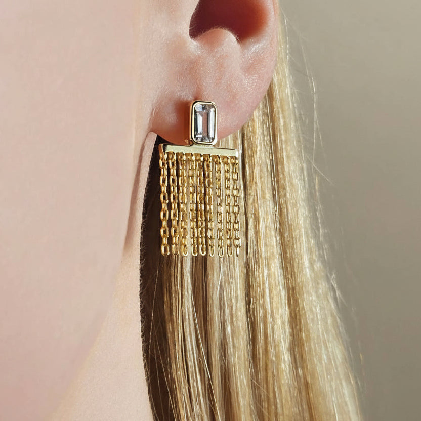 Bezel Emerald Cut Chain Drop Earring