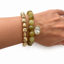 Marbled Bead Stretch Bracelet with Coin Charm and Organic Gold Bracelet Set