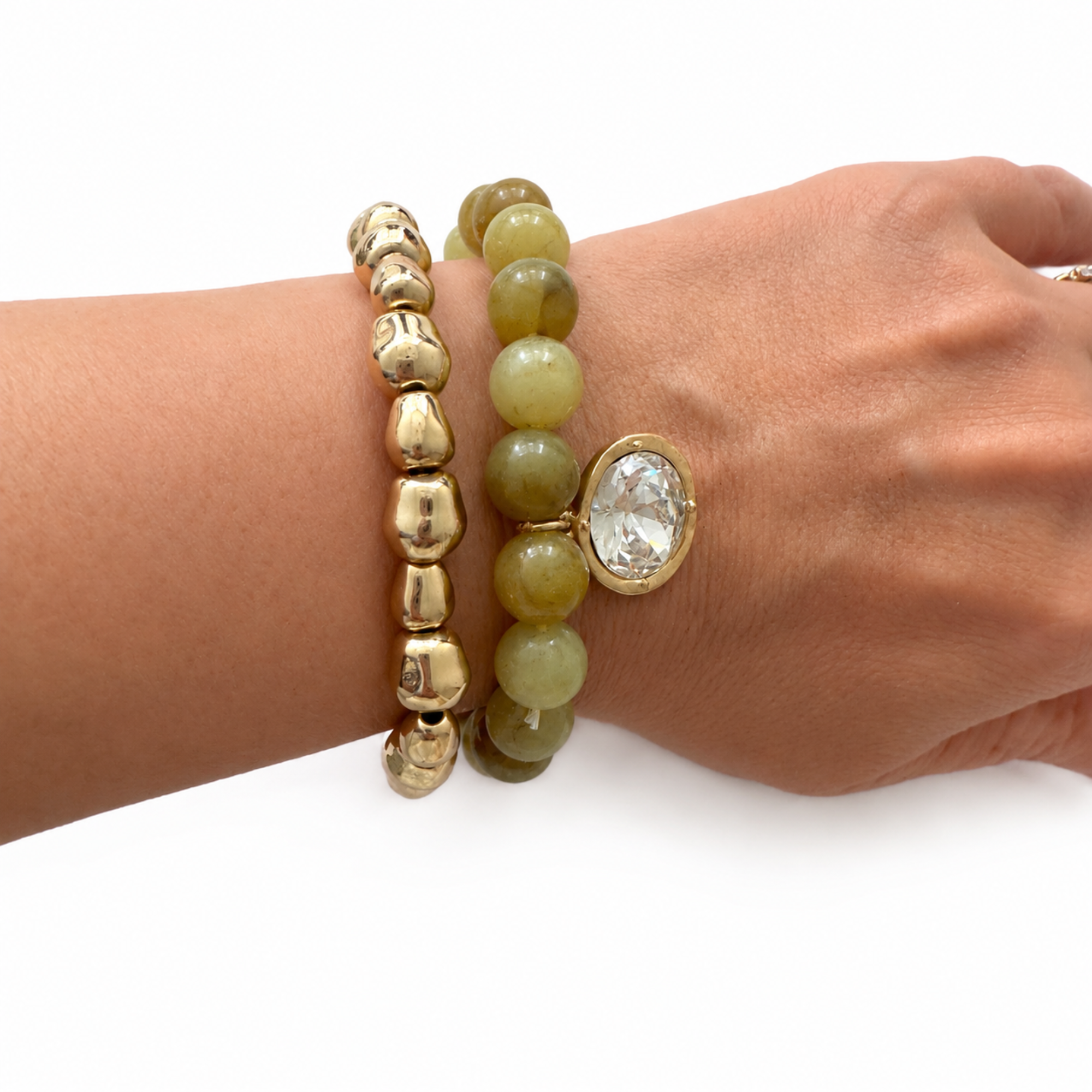 Marbled Bead Stretch Bracelet with Coin Charm and Organic Gold Bracelet Set