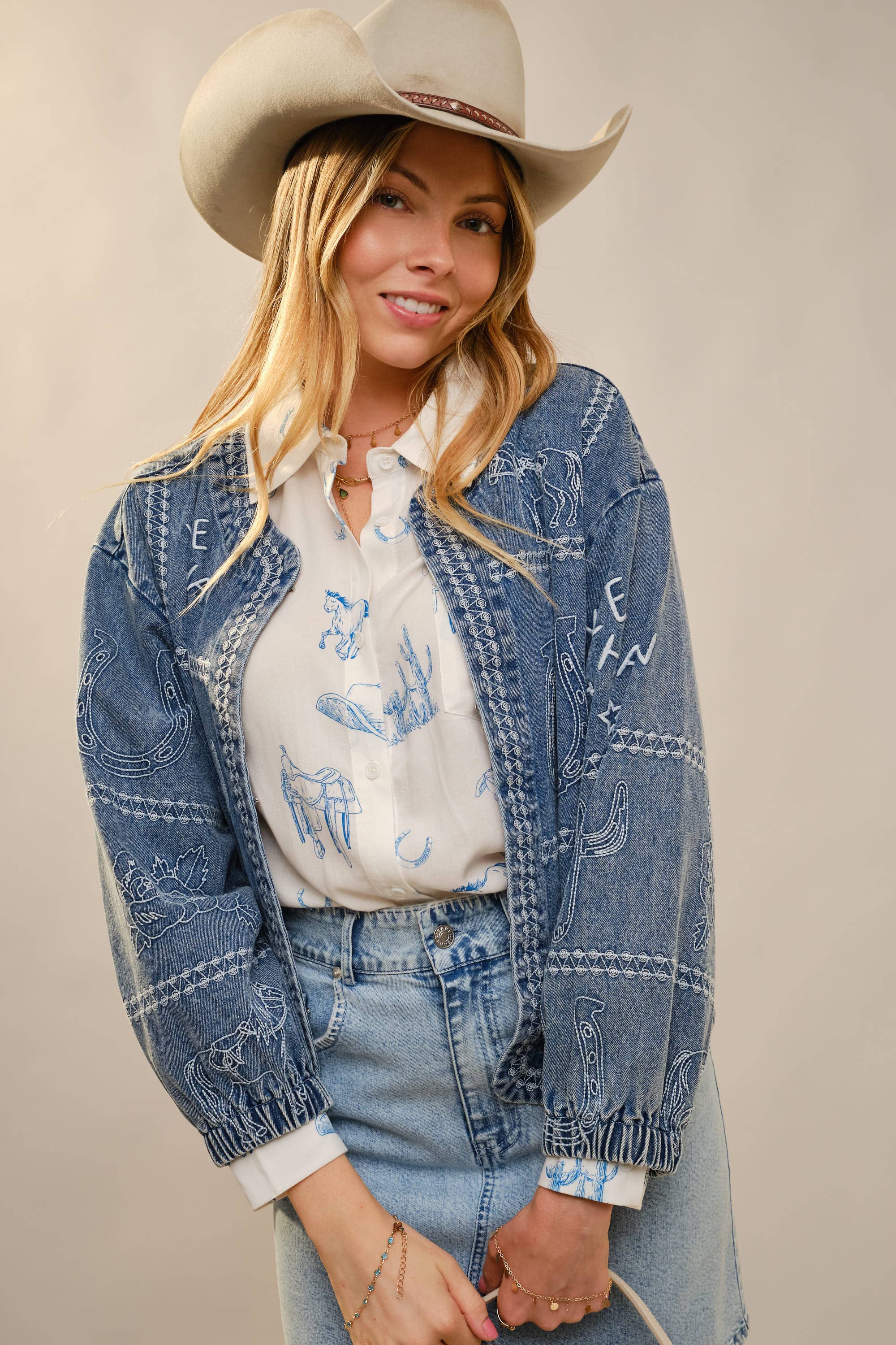 Western Embroidery Puff Sleeve Denim Jacket