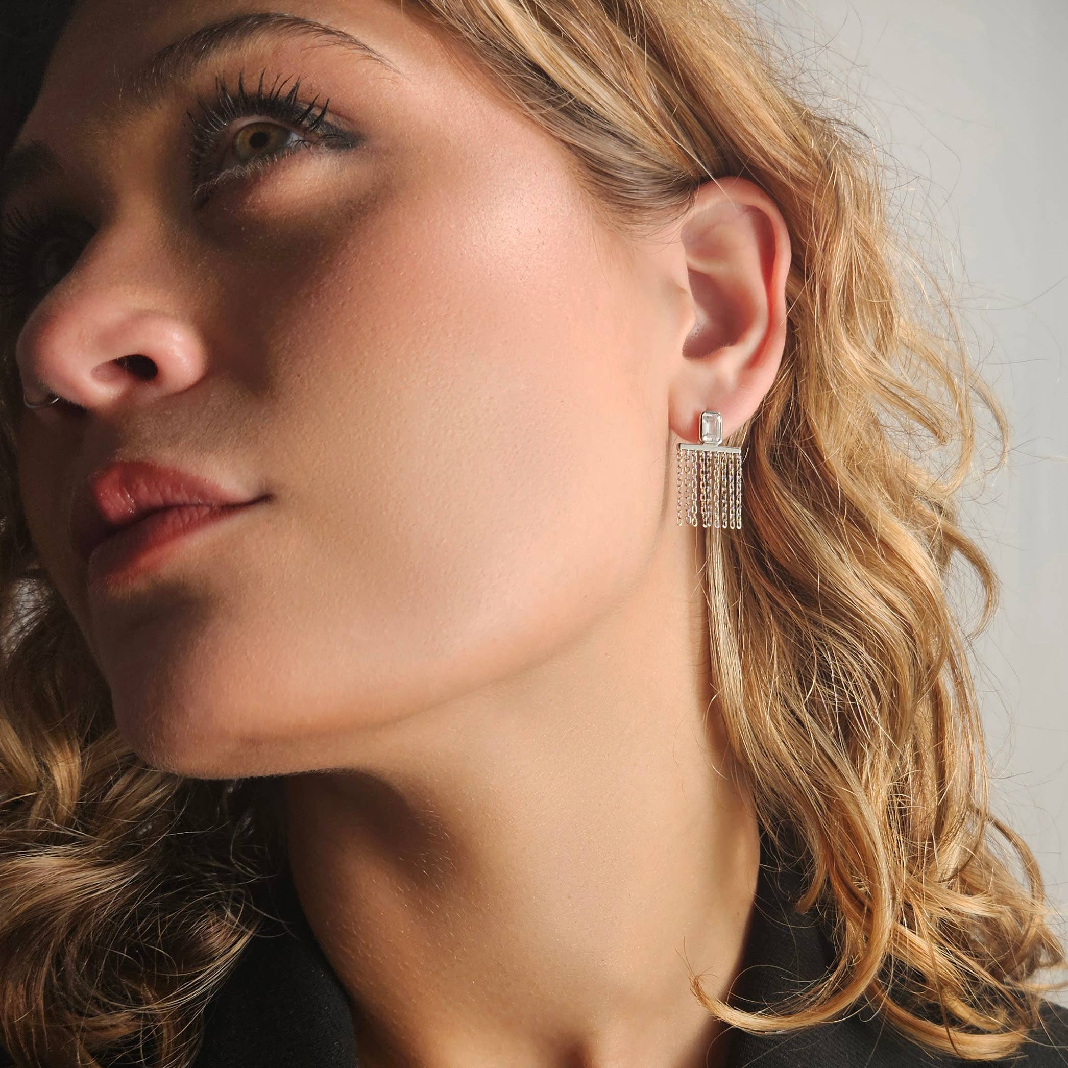 Bezel Emerald Cut Chain Drop Earring