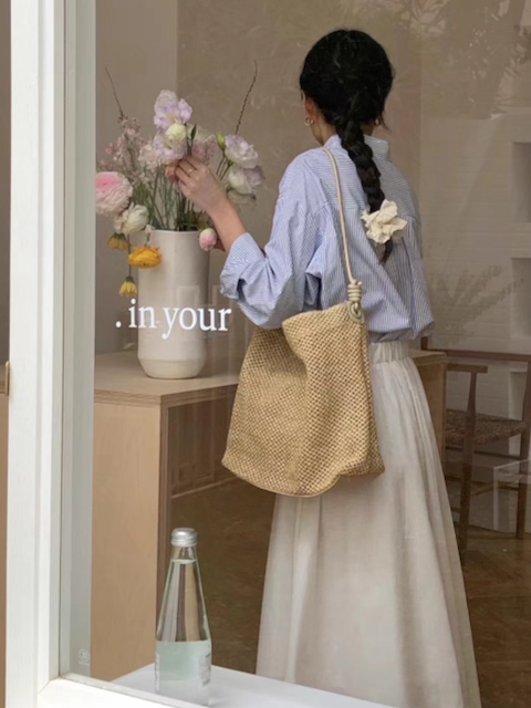 Faux Leather Strap Straw Tote Shoulder Bag