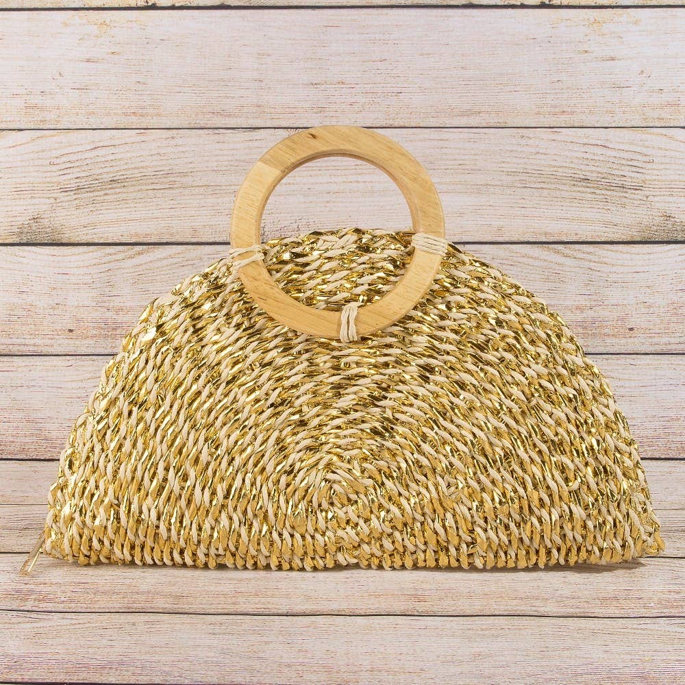 Metallic Straw Woven Half Moon Round Handle Bag