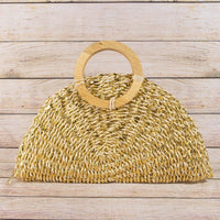 Metallic Straw Woven Half Moon Round Handle Bag