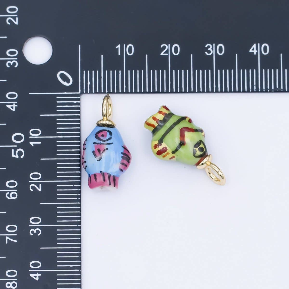 24K Gold Filled Blue, Green, Yellow Fish Ceramic Drop Pendant