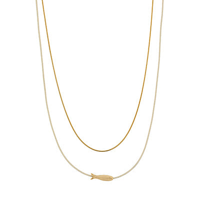 Double Layered Fish Charm Necklace in Cream/Gold