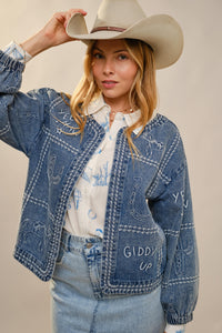 Western Embroidery Puff Sleeve Denim Jacket